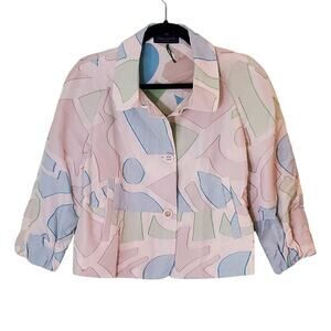 VINTAGE Piazza Sempione Beige Blue Green Modern Print Crop Blazer 44IT / US 8